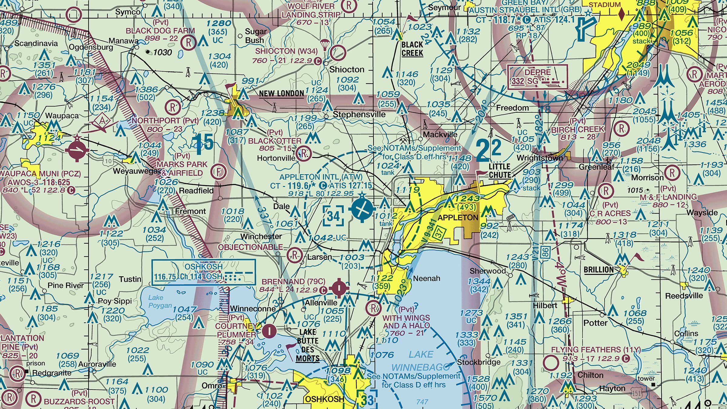 A section of the FAA Green Bay sectional chart around Oshkosh, Wisconsin